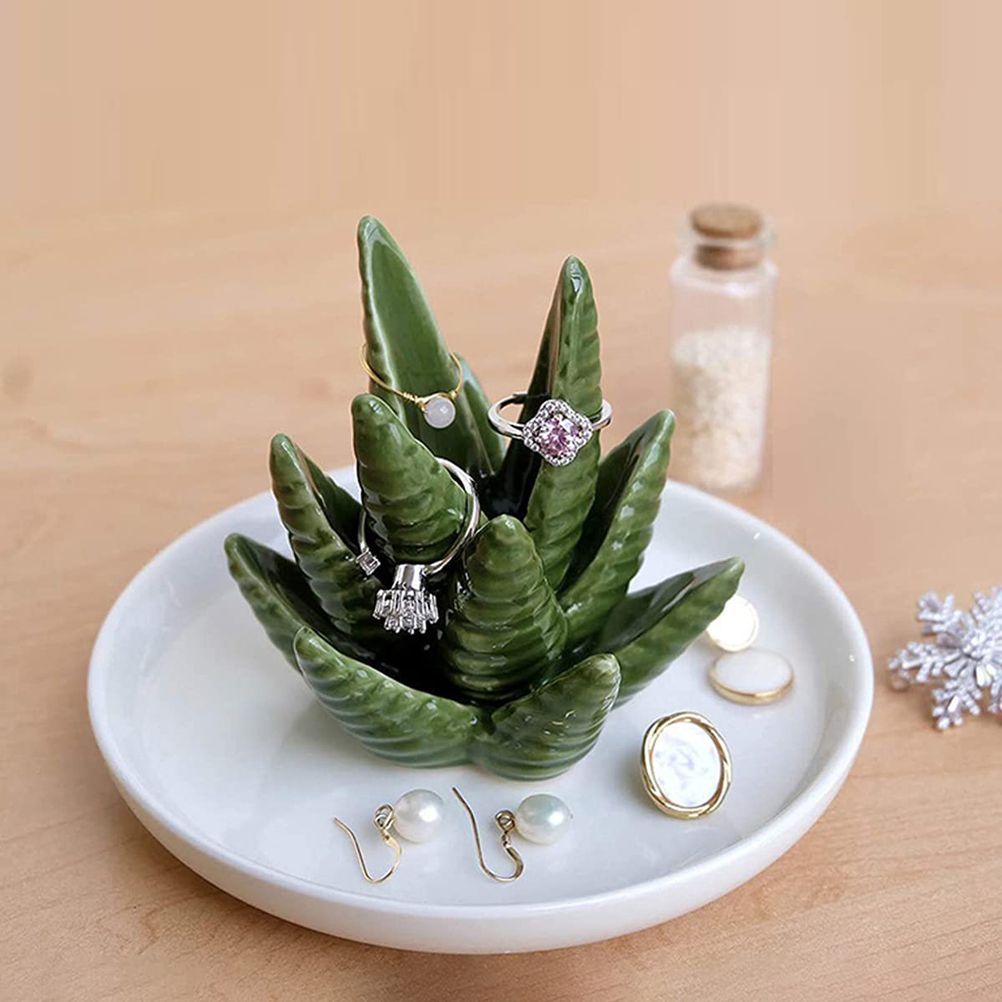 Ceramic Ring Holder Aloe Ring Dish Jewelry Holder Rings Bracelets Earrings Green Succulent Trinket Tray Gift for Women Girls — image 5