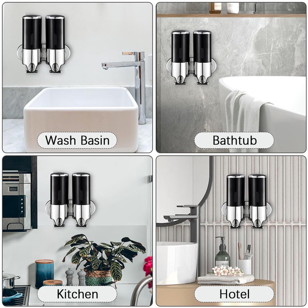 Soap Dispenser - 2 in 1 Liquid Dispenser - 2 × 500 ml - Wall Mounted Soap Dispenser - Kitchen - Bathroom - Shower - 24.1 × 21.6 × 10 cm - Black — image 5