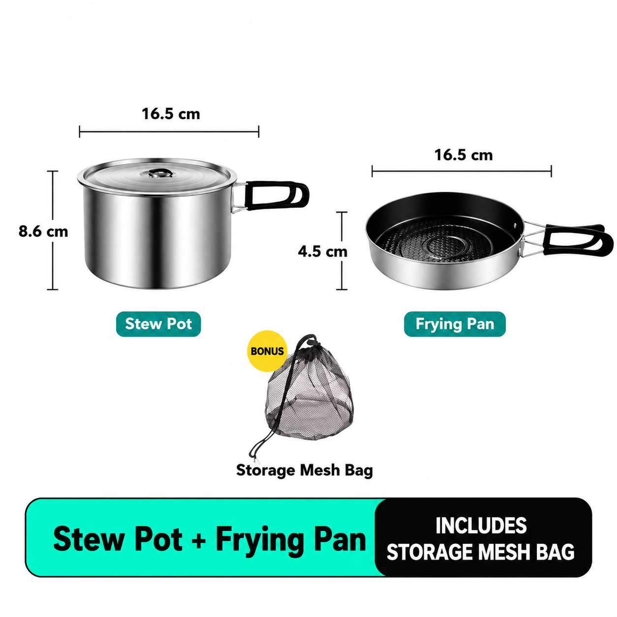 2-Piece Food Grade Stainless Steel Camping Cookware Set with Medium Stew Pot and Medium Frying Pan - Hangable and Foldable, Compact Nesting Storage, Anti Scald