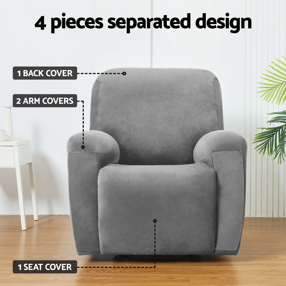 Artiss Recliner Chair Covers 1 Seater Velvet Grey โ image 4