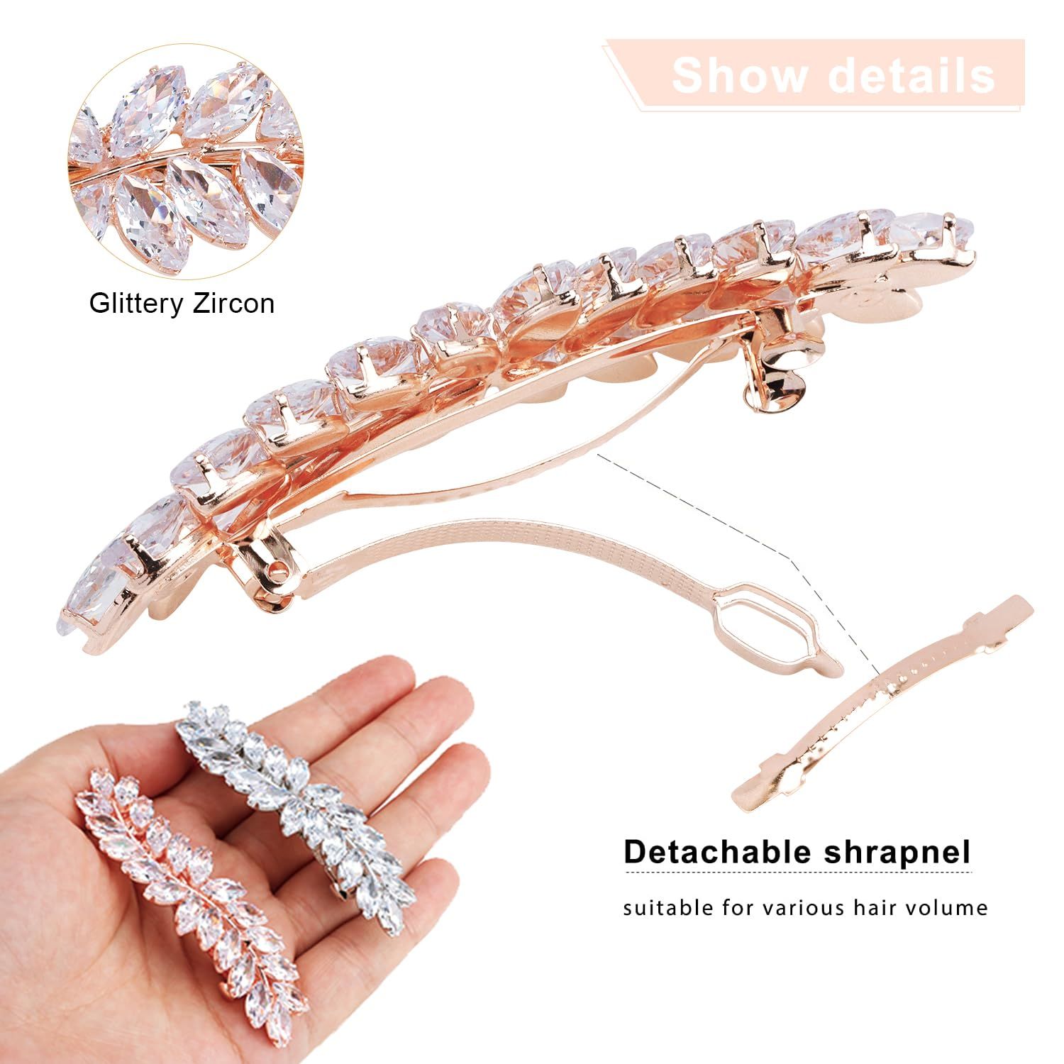 2PCS Crystal Hair Barrettes for Women, Rhinestone Hair Clips Leaf French Barrette Wedding Hair Clips Bridal Hair Accessories — image 4