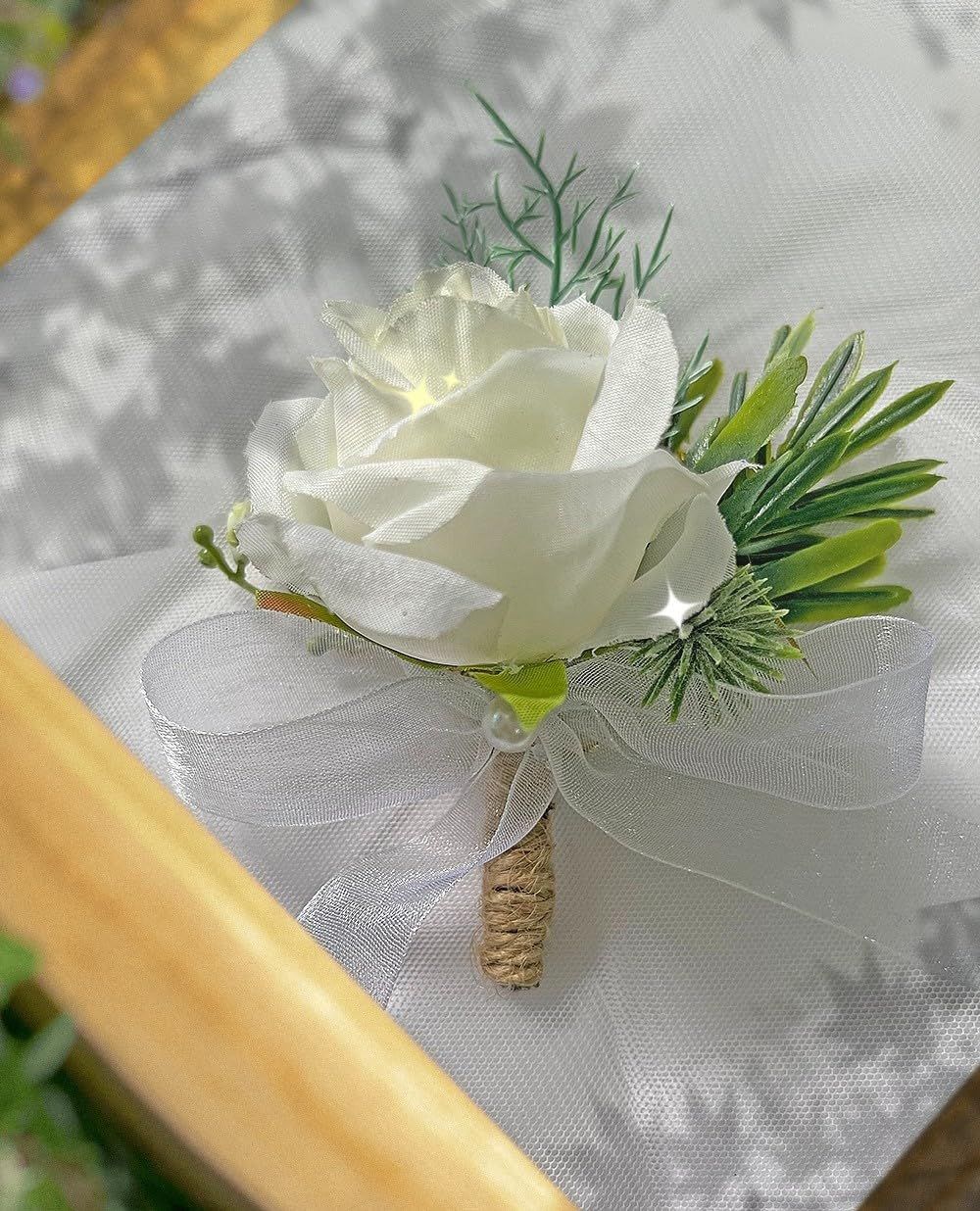2 pieces Wrist Corsage Set, Artificial Rose Men Women Corsage Wristband Bracelet, Bride Groom Wedding Prom Party Flowers — image 3
