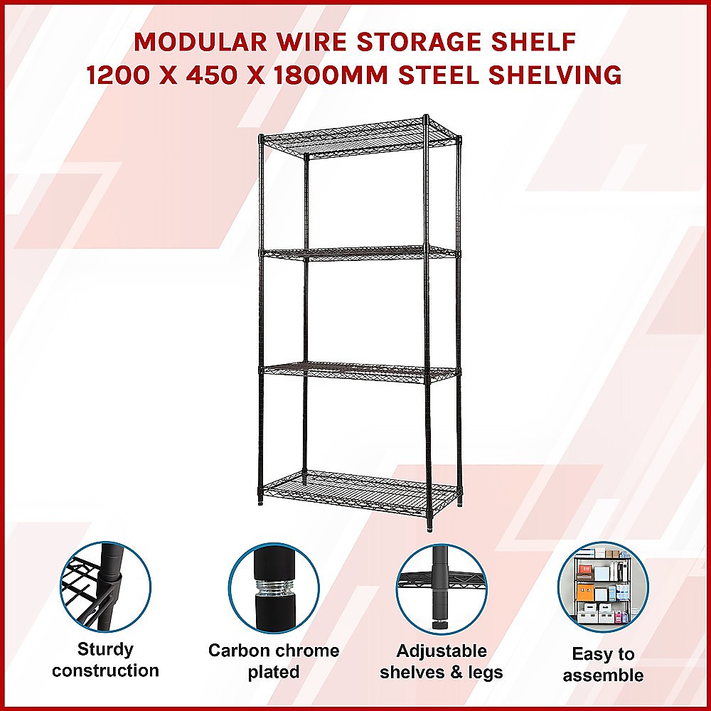 Modular Wire Storage 120x45cm Steel Shelving Black With Fixed Legs For Garage Kitchen Or Retail Storage โ image 3