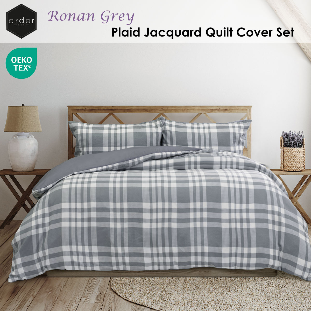 Ardor Ronan Grey Plaid Jacquard Quilt Cover Set King — image 2