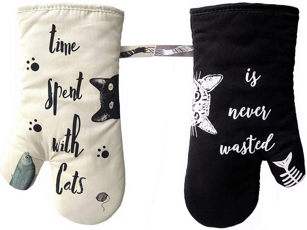 Oven Gloves - Cat Design - For Cooking And Baking - Size 17 × 31 Cm - Heat Resistant