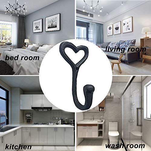 Heavy Duty Coat Hooks, 4pcs Cast Iron Love Heart Shape Wall Hooks for Hanging Coats, Black No Rust Hooks for Scarf, Bag, Towel โ image 4