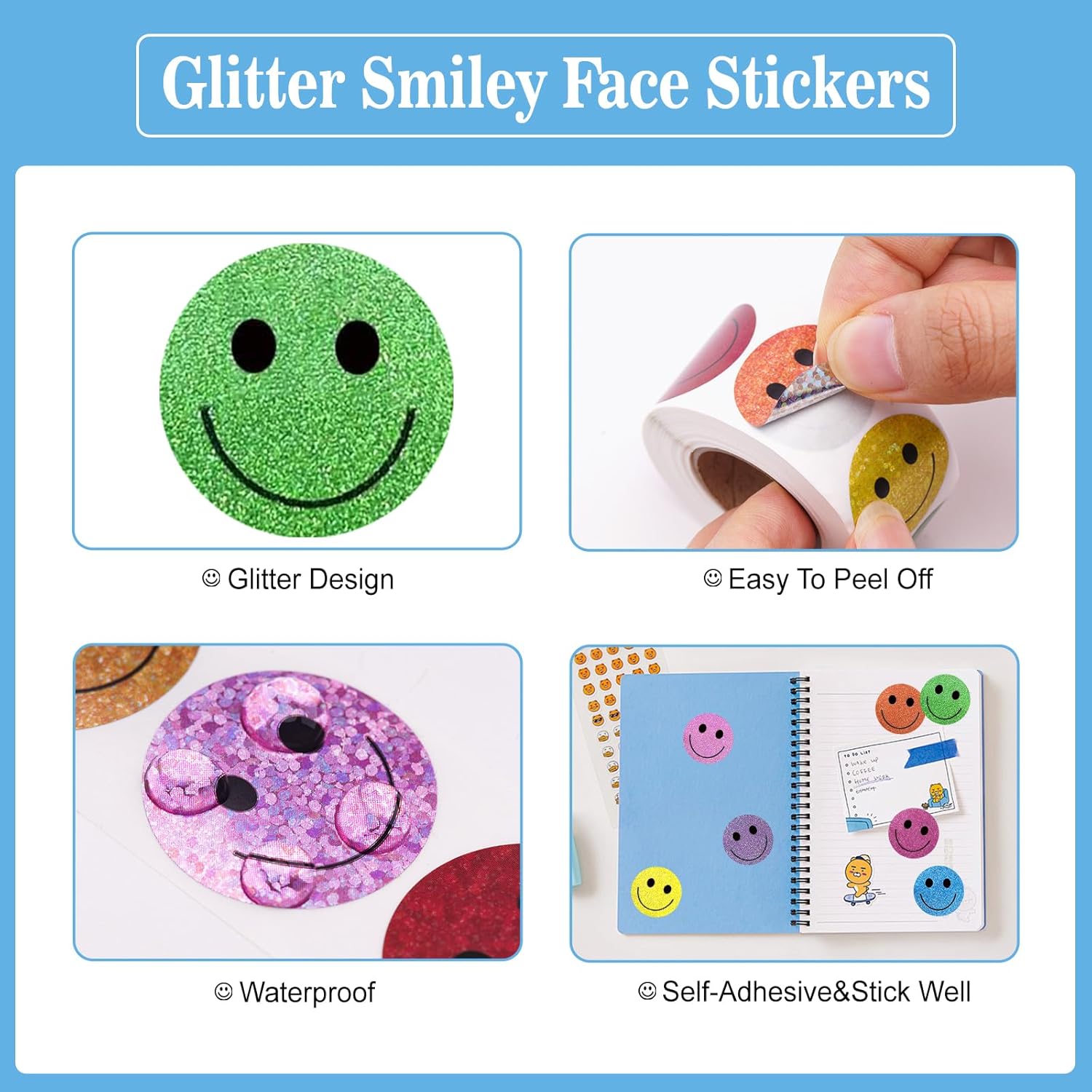 Smiley Face Stickers - Happy Face Stickers 500Pcs 1Inch Glitter Smiley Sticker Roll Cute Reward Sticker for Kids Classroom Self Adhesive Positive Incentive — image 3