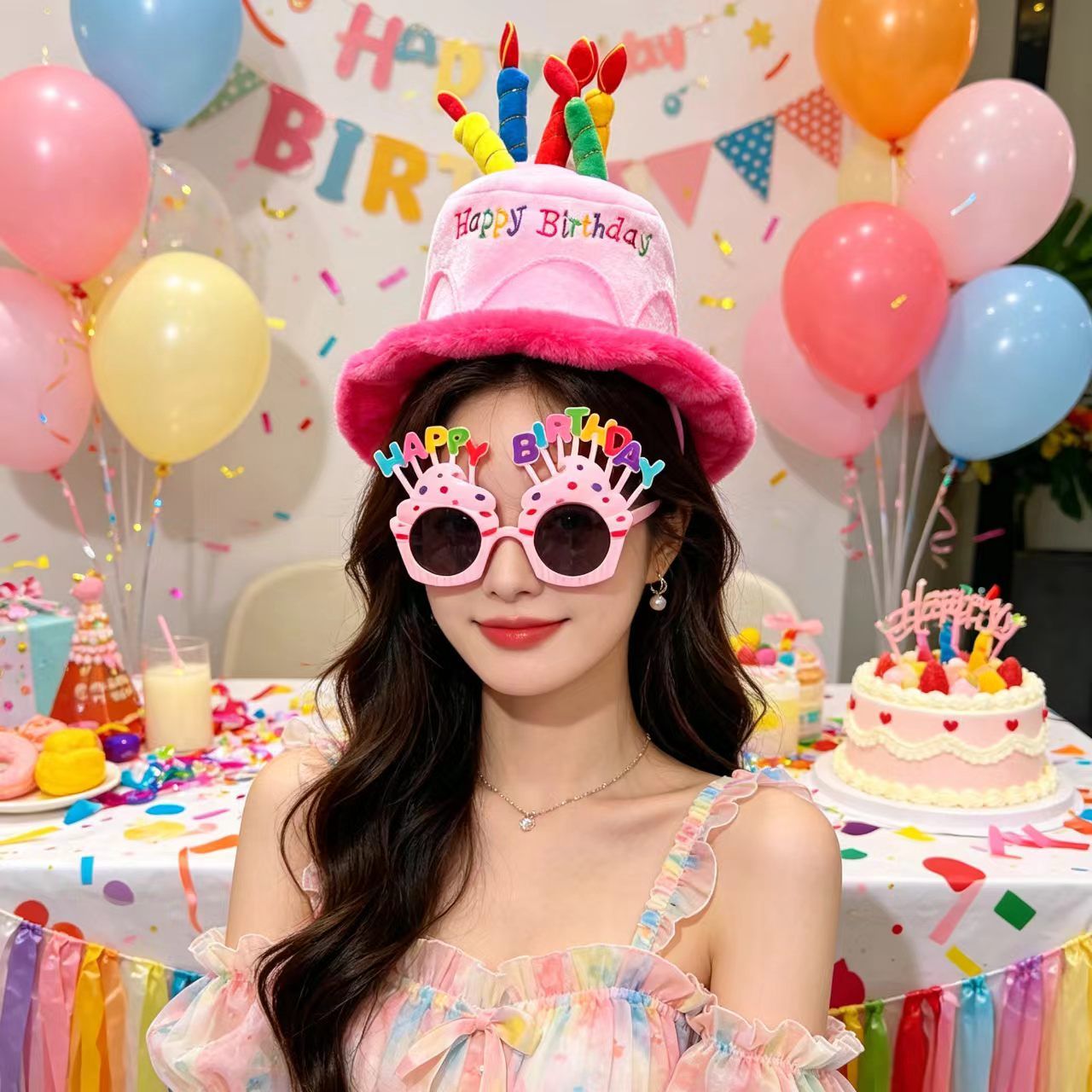 2-piece Pink Plush Birthday Cake Hat Set - Novelty Party Accessory with Matching Glasses, Fun Photo Prop โ image 6