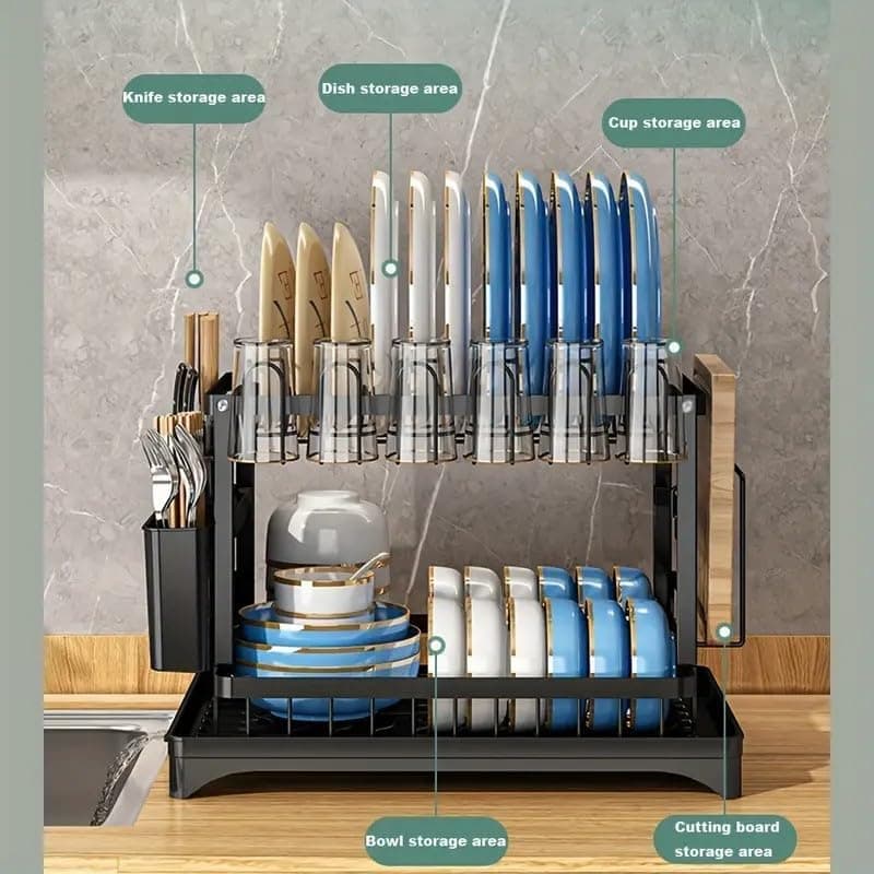 2-Tier Sink Rack with Utensil Holder and Drip Tray, Black