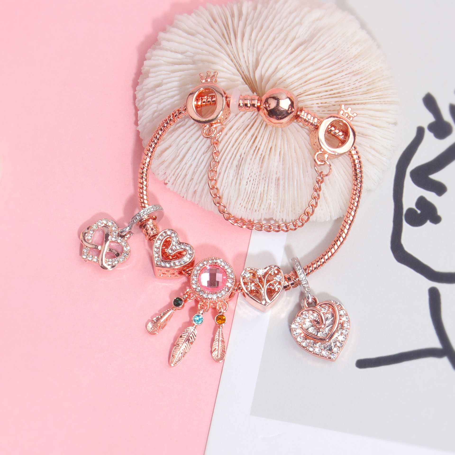 Rose Gold Bracelet with Pink Heart Charms & Crystal Rhinestones(19cm) โ image 5