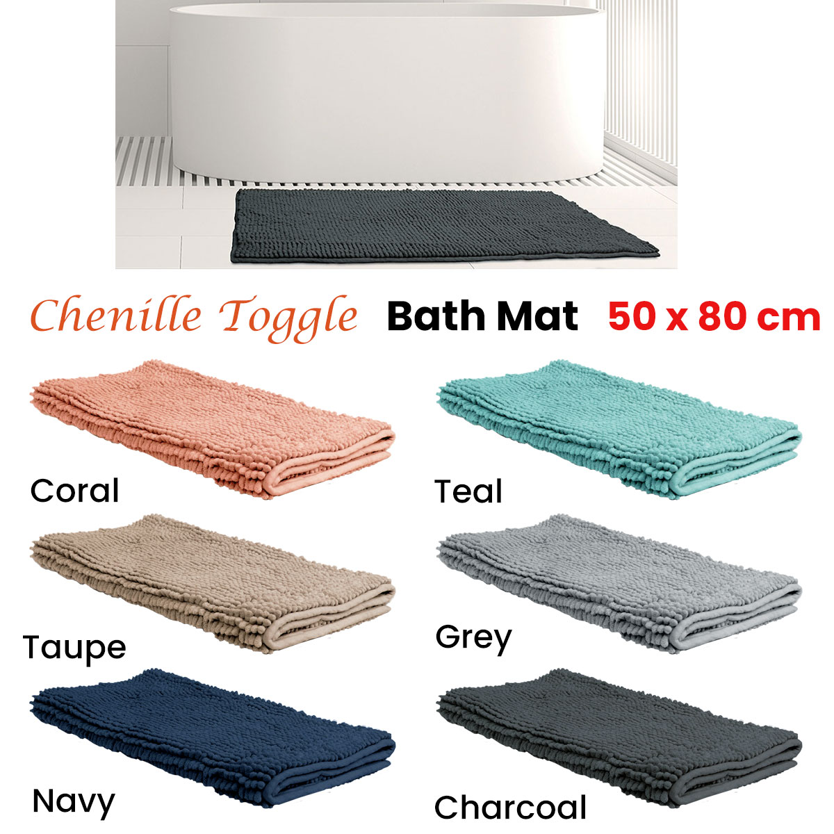 Chenille Toggle Bath Mat 50 × 80cm Charcoal — image 2