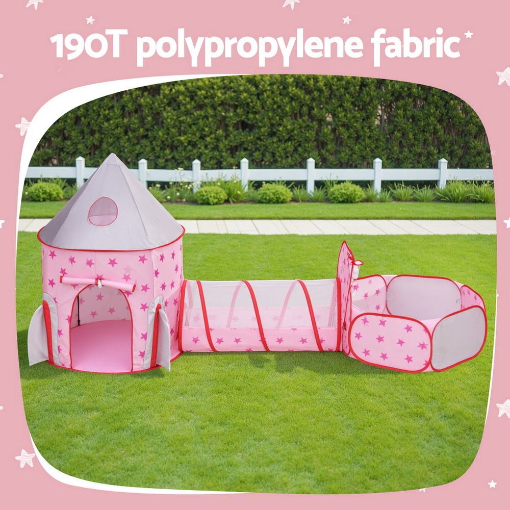Keezi Kids Playhouse Play Tent Pop Up Castle Crawl Tunnel Basketball Hoop Pink โ image 4