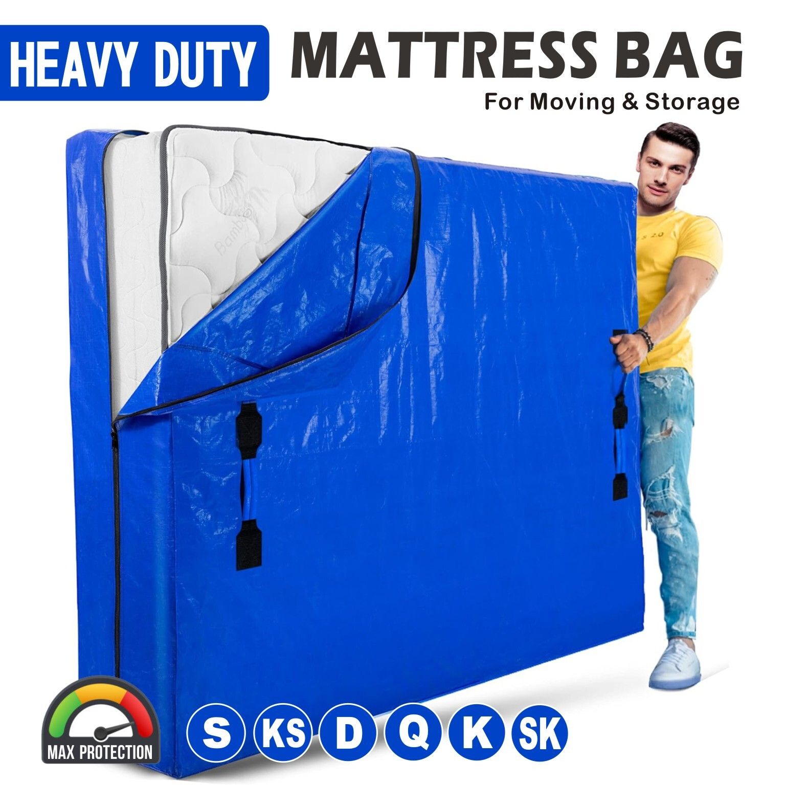 Mattress Bag Mattresses Protector Plastic Moving Storage Dust Cover Carry Bed Waterproof Zipper Packing Reusable Disposal, Extra Thick Heavy Duty, with