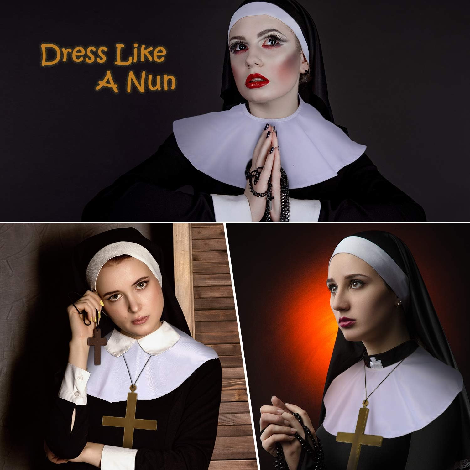 2 Sets Halloween Nun Costume Set Plastic Gold Cross Nun Habit Costume Set Hat White Collar Gold Cross Pendant for Woman โ image 2
