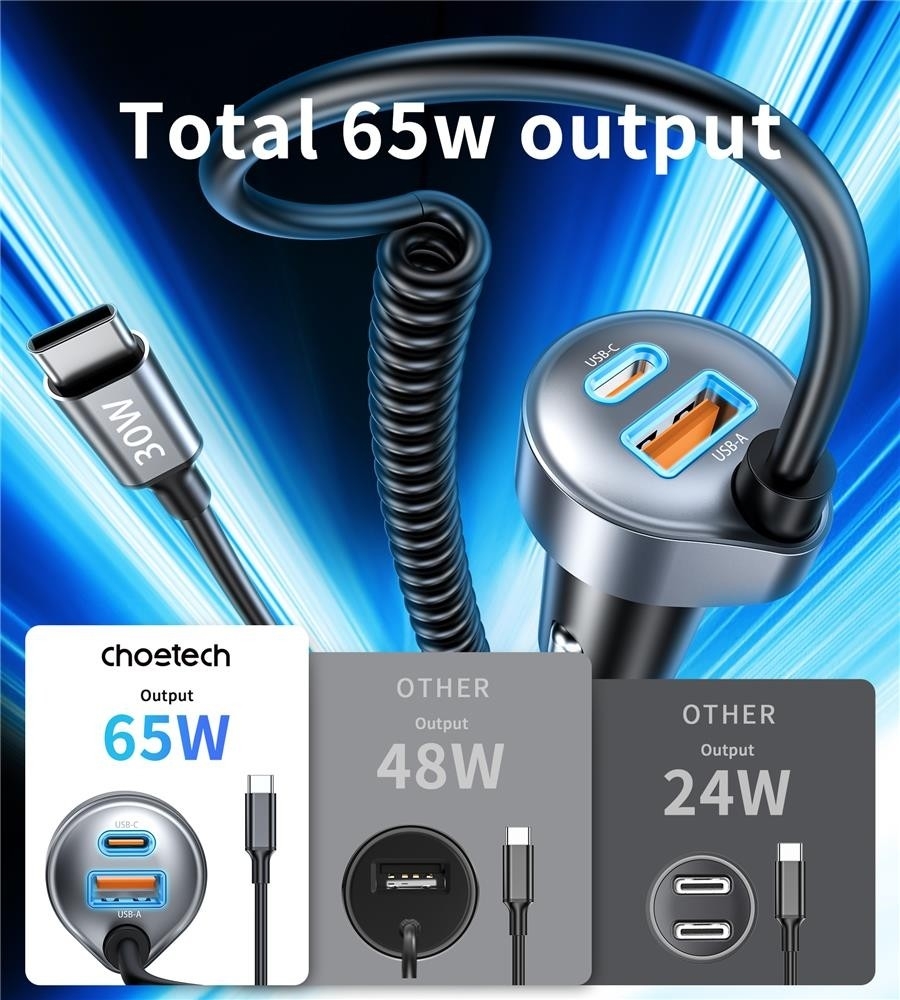CHOETECH TC0030 65W 3-Port Fast Car Charger with 3.3ft Type-C Stretchable Cable — image 5