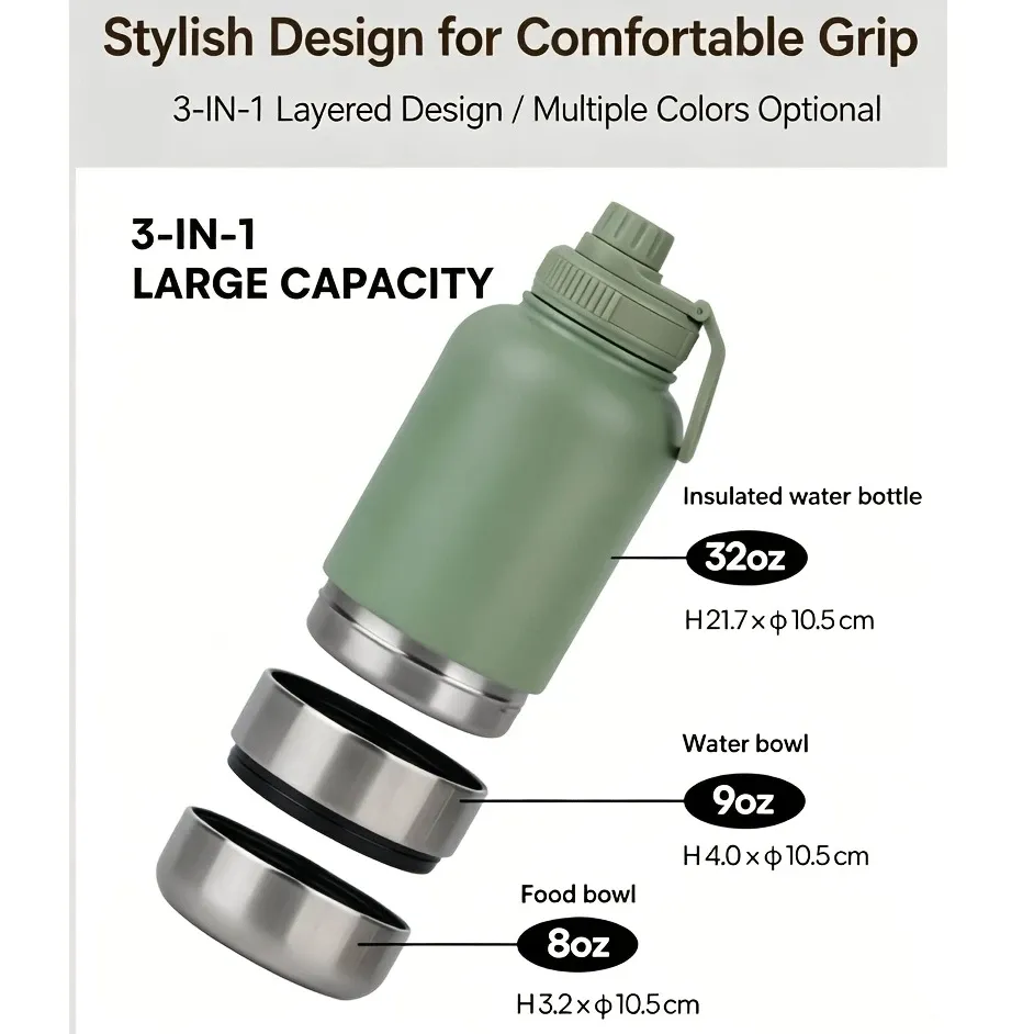 3-in-1 Outdoor Pet Insulated Water Bottle: 32oz Large Capacity, 24H Temperature Lock, Hidden Dual Bowls, 304 Stainless Steel, Leak-Proof & Portable, Essential — image 5