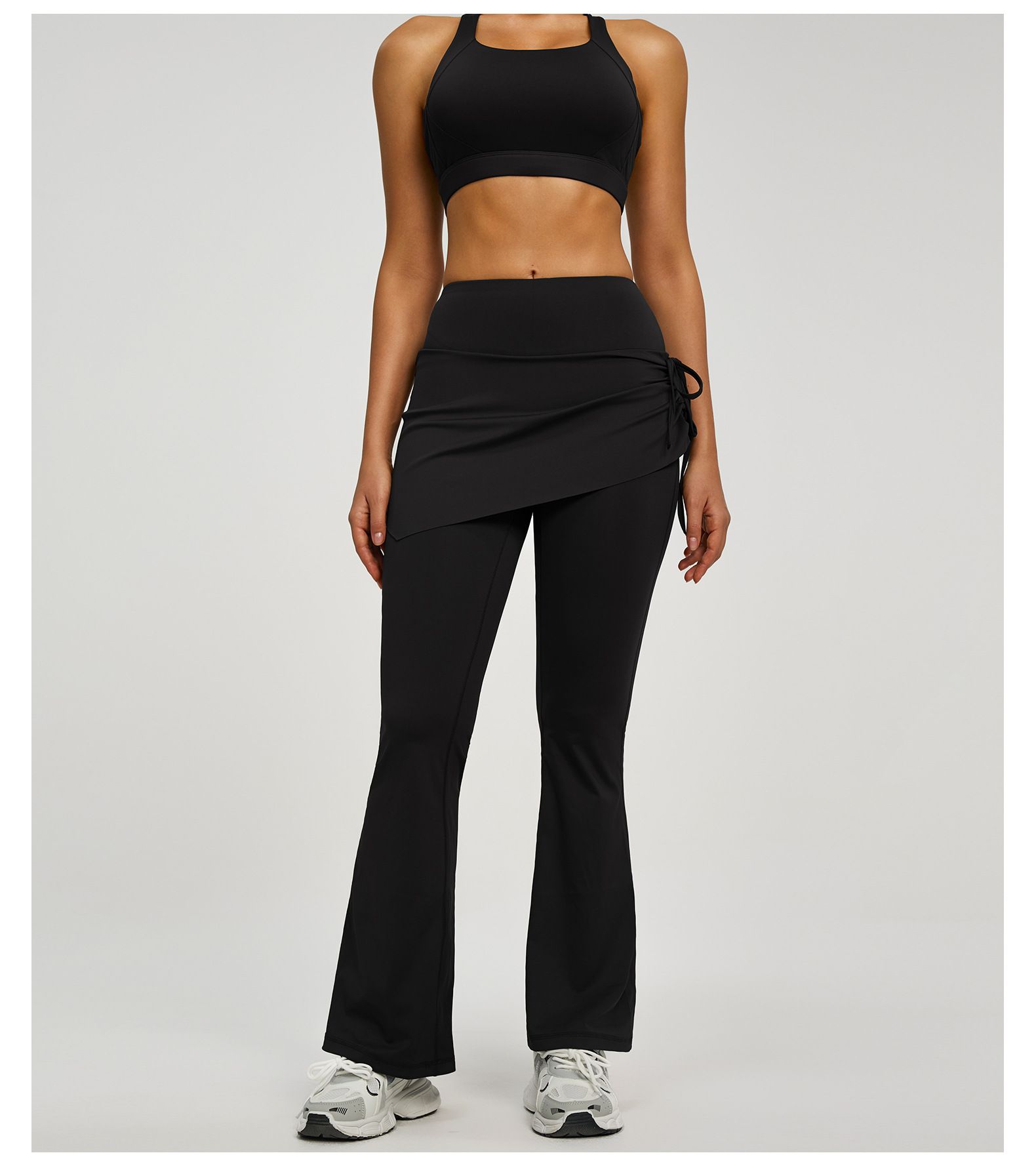 Women's High Waist Skirted Flare Yoga Pants with Adjustable Ruched Drawstring (L size)- Black Faux Two Piece Bootcut Leggings for Pilates, Gym โ image 5