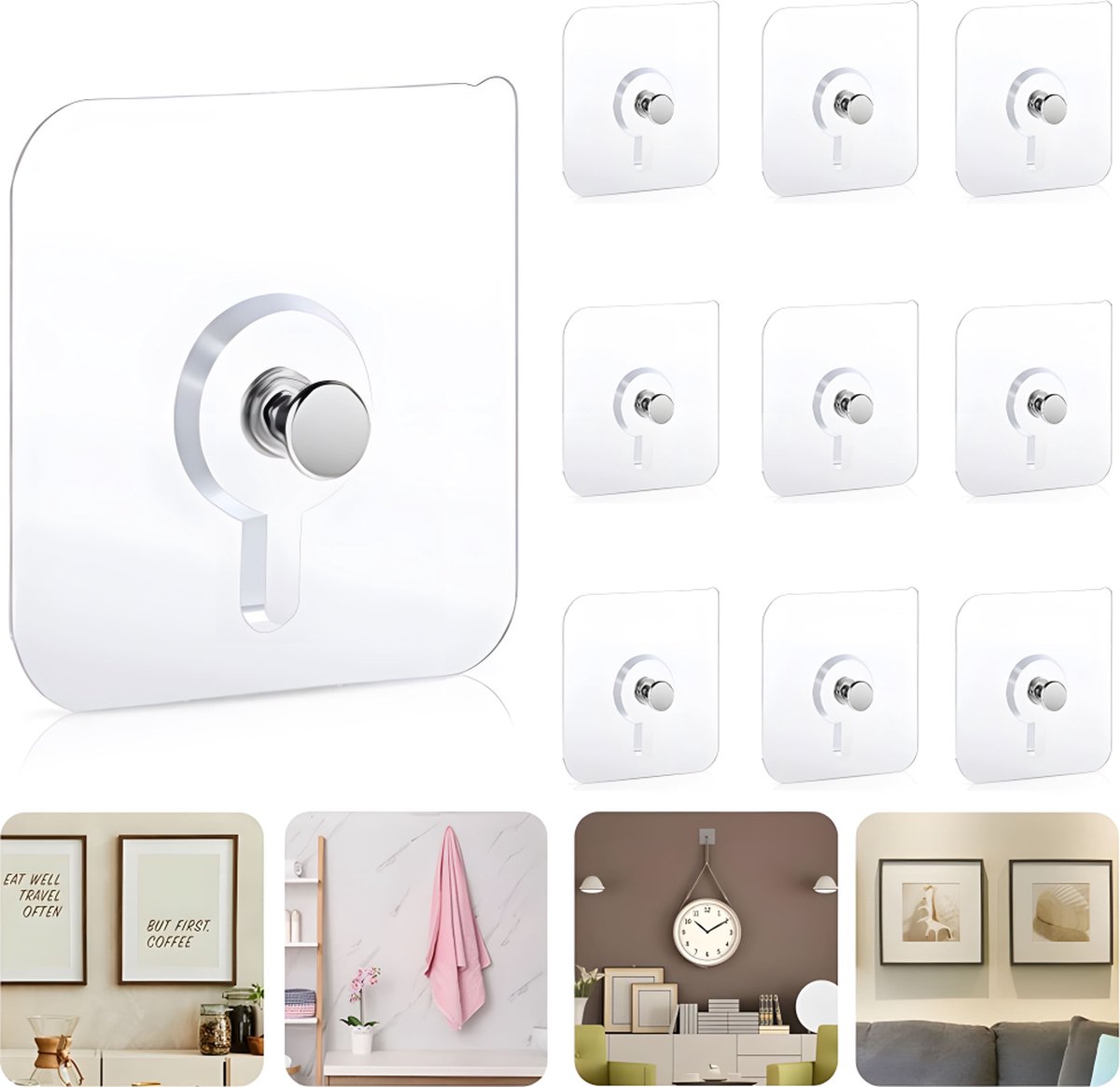 Self-Adhesive Nails - 10 Pieces - Adhesive Stick-on Nails - Hanging System - Towel Hook - Stick-on Hooks - Adhesive Screw - Picture Hanger - Flat