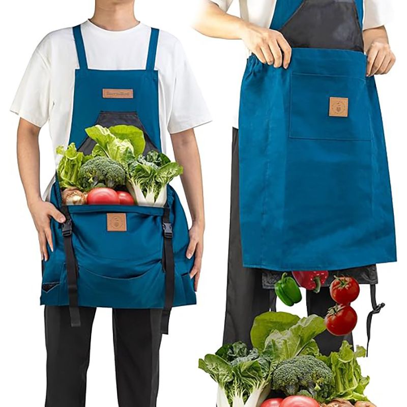 Oxford Cloth Waterproof Gardening Apron, Large Capacity Kangaroo Pocket, Cross Back Straps Comfortable, Great Helper for Picking and Weeding(dark blue)