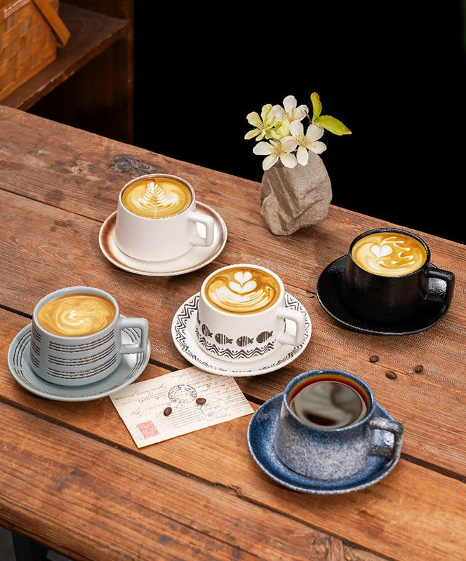 Vintage Ceramic Coffee Cup and Saucer Set - Elegant Afternoon Tea Set(Wave Pattern Gray) โ image 3