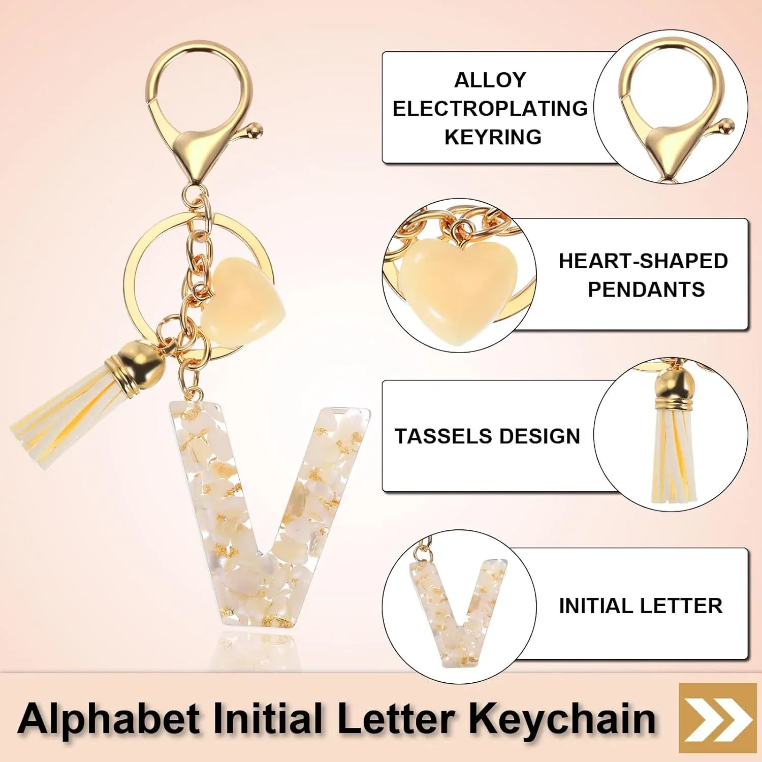 Floral Resin Letter V Keychain with Tassel and Lobster Clasp for Bag Purse Keys, Gold Tone Beige, Daily Comfort Use โ image 3