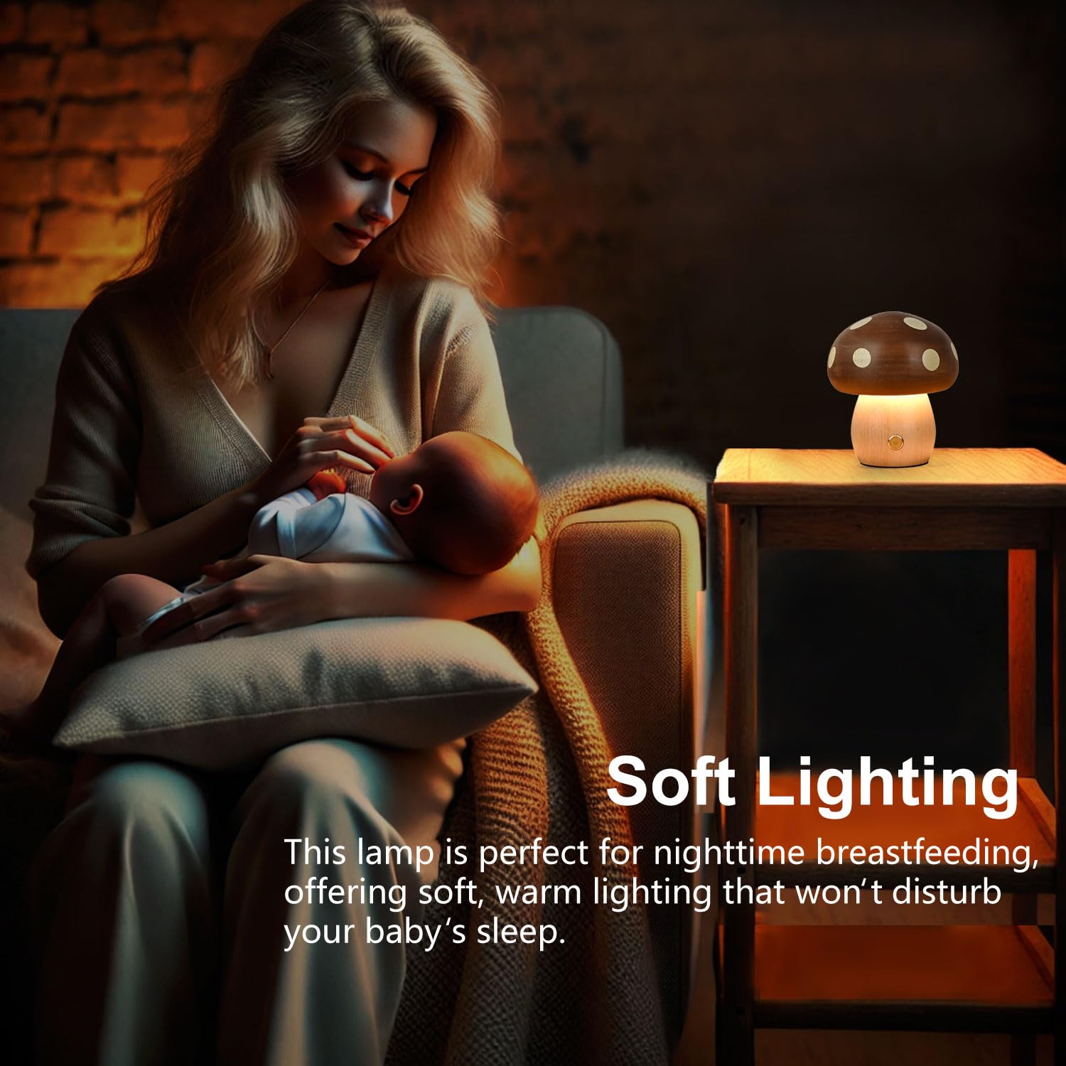 Touch Control Mushroom Night Light – Rechargeable Wooden Desk Lamp with 4 Brightness Levels, Soft Warm Glow for Baby Nursery, Bedroom, or Travel (Wooden Color) — image 3