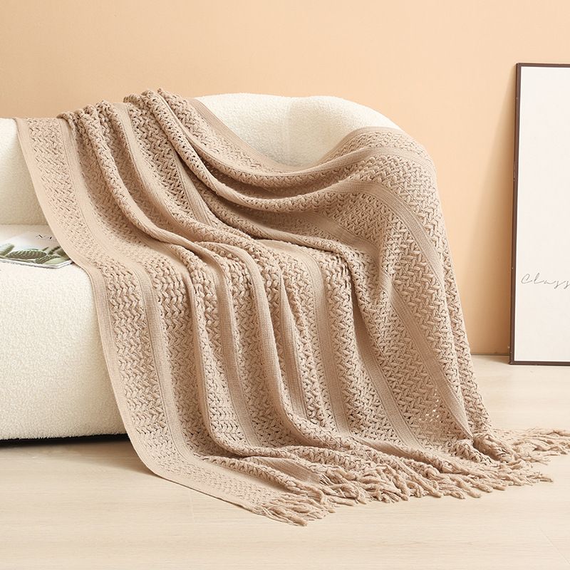 Khaki Elegant Openwork Knitted Throw Blanket with Tassels - 130 × 230cm Large Decorative Soft Sofa Blanket for Living Room & Bedroom - Breathable Cozy Cover