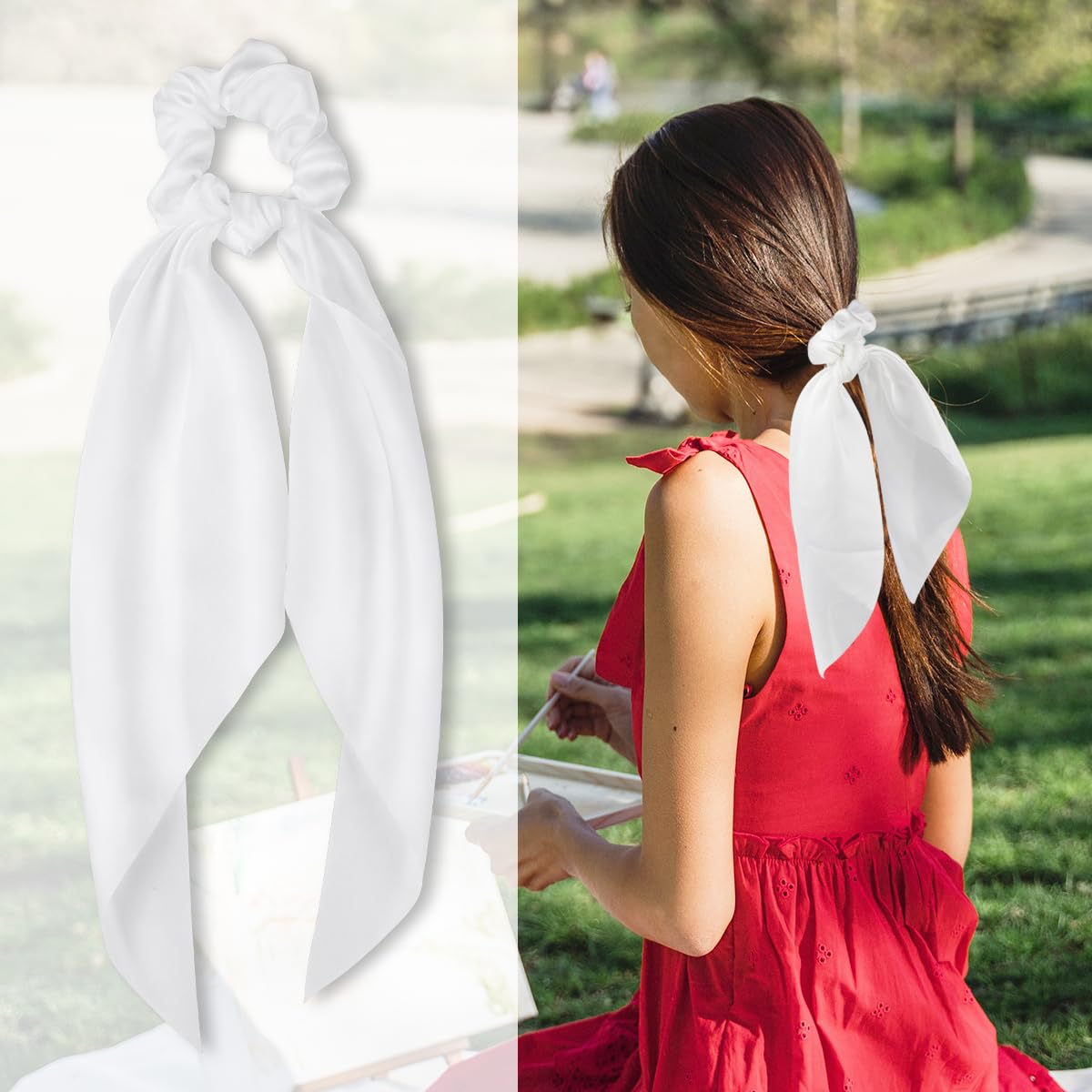 2 Pcs Knotted Bow Satin Hair Scrunchie Hair Scarf with Tail Hair Scrunchies Elastic Hair Scarf Ponytail Holder for Women and Girls (White) โ image 2