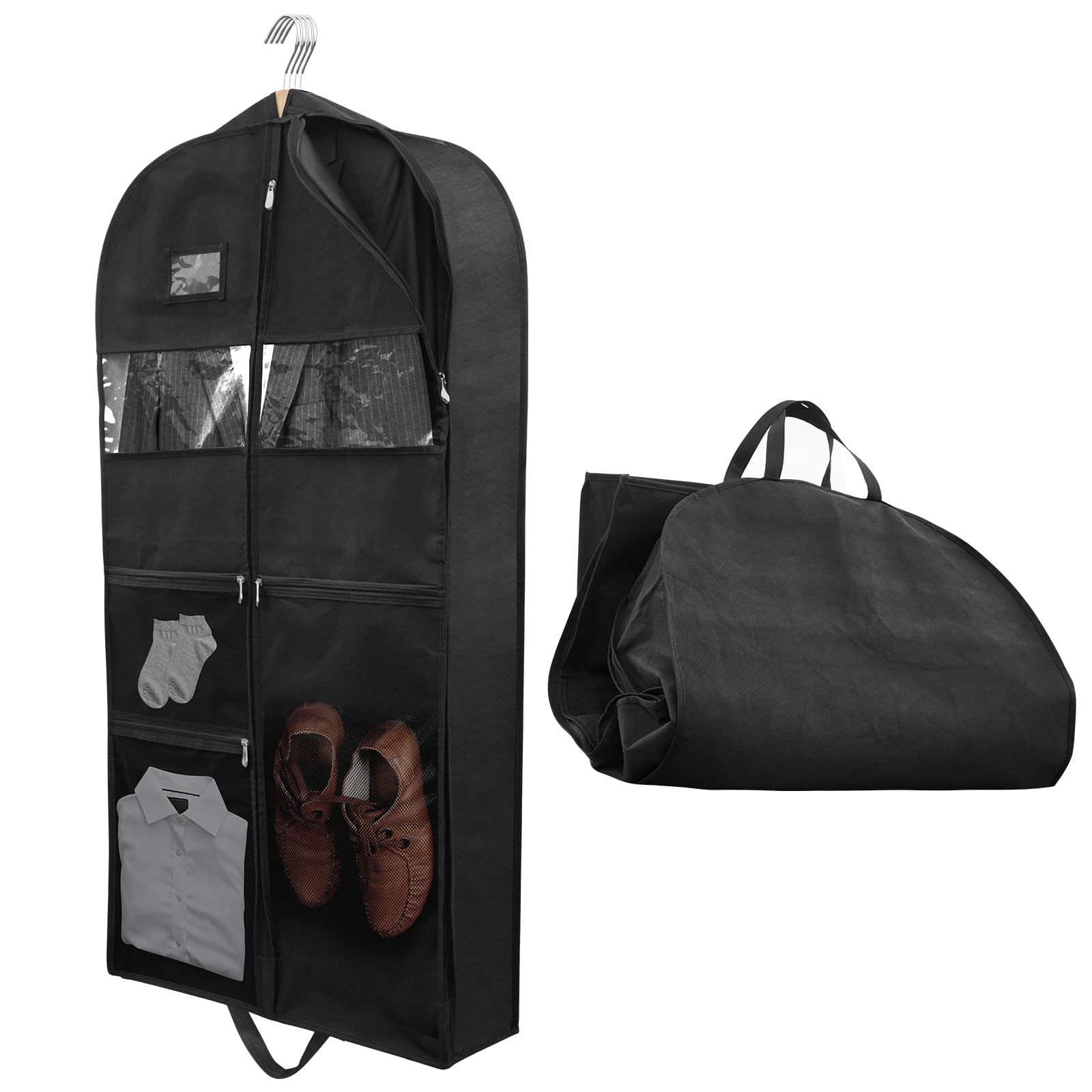 Garment Bags for Travel, 1Pack Heavy Duty 45" Hanging Garment Bags for Men, Double Sides Zipper & 3 Large Mesh Pockets