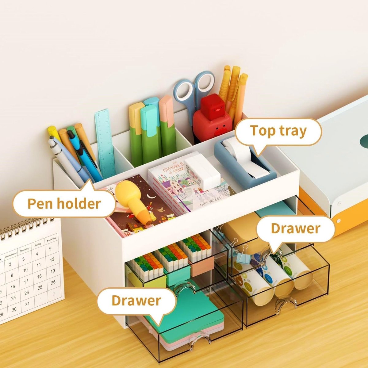 Multifunctional desk organizer with 4 drawers and pen holders, makeup organizer, for teachers, office, school, home, table decoration, white — image 3