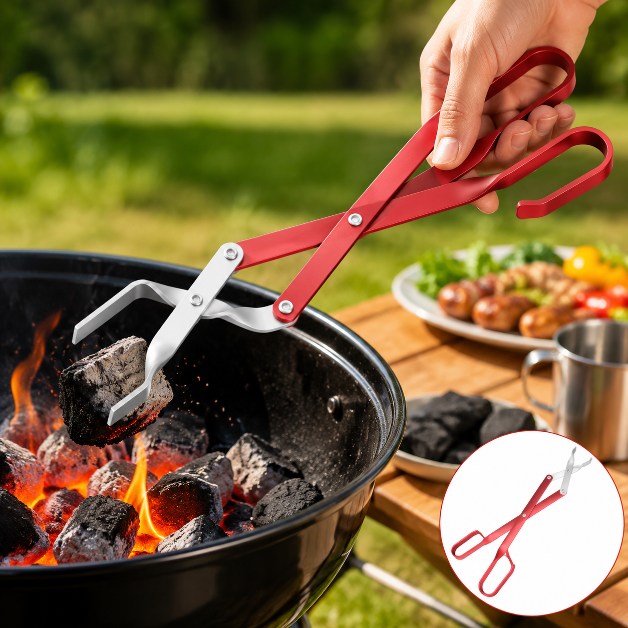 Charcoal Clip Small Long Bbq Tongs with Wood Handle, Metal Barbecue Clip for Grilling and Outdoor Camping Bonfire Accessories — image 2