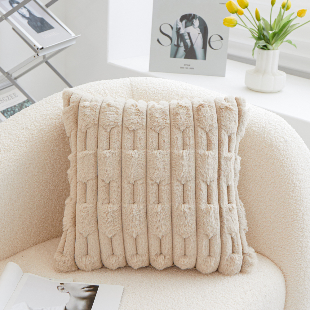 A pair of Khaki Plush Faux Rabbit Fur Throw Pillow Cover - Textured Wheat Ear Design (45 × 45cm) — image 2