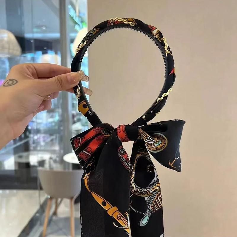 Chains patterned satin headband with Long Scarf Headband Scarf Hair Accessories - Black — image 5