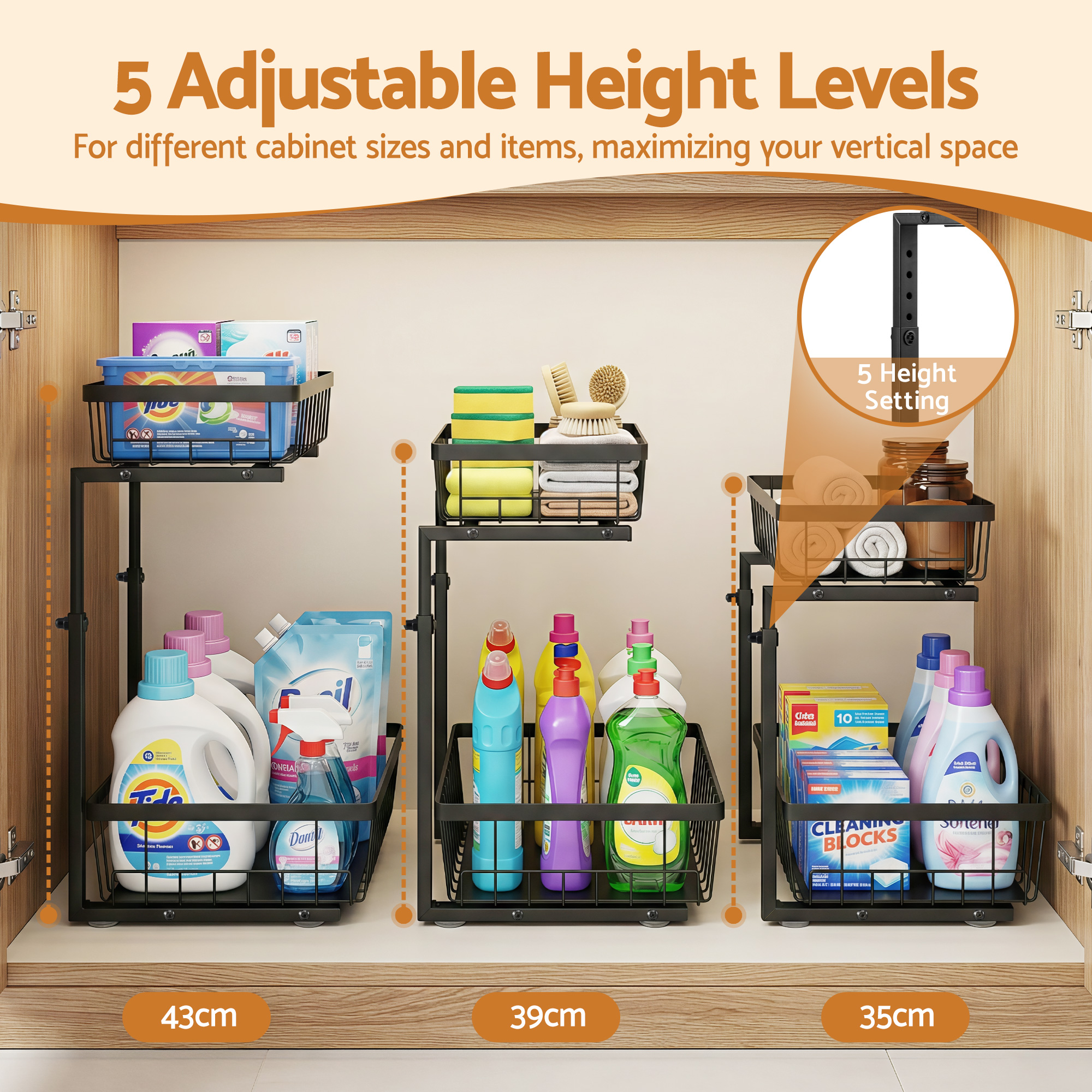 Artiss Under Sink Organizer Storage with 2 Slide Out Drawers 5 Adjustable Height Bathroom Kitchen Cabinet Black โ image 5