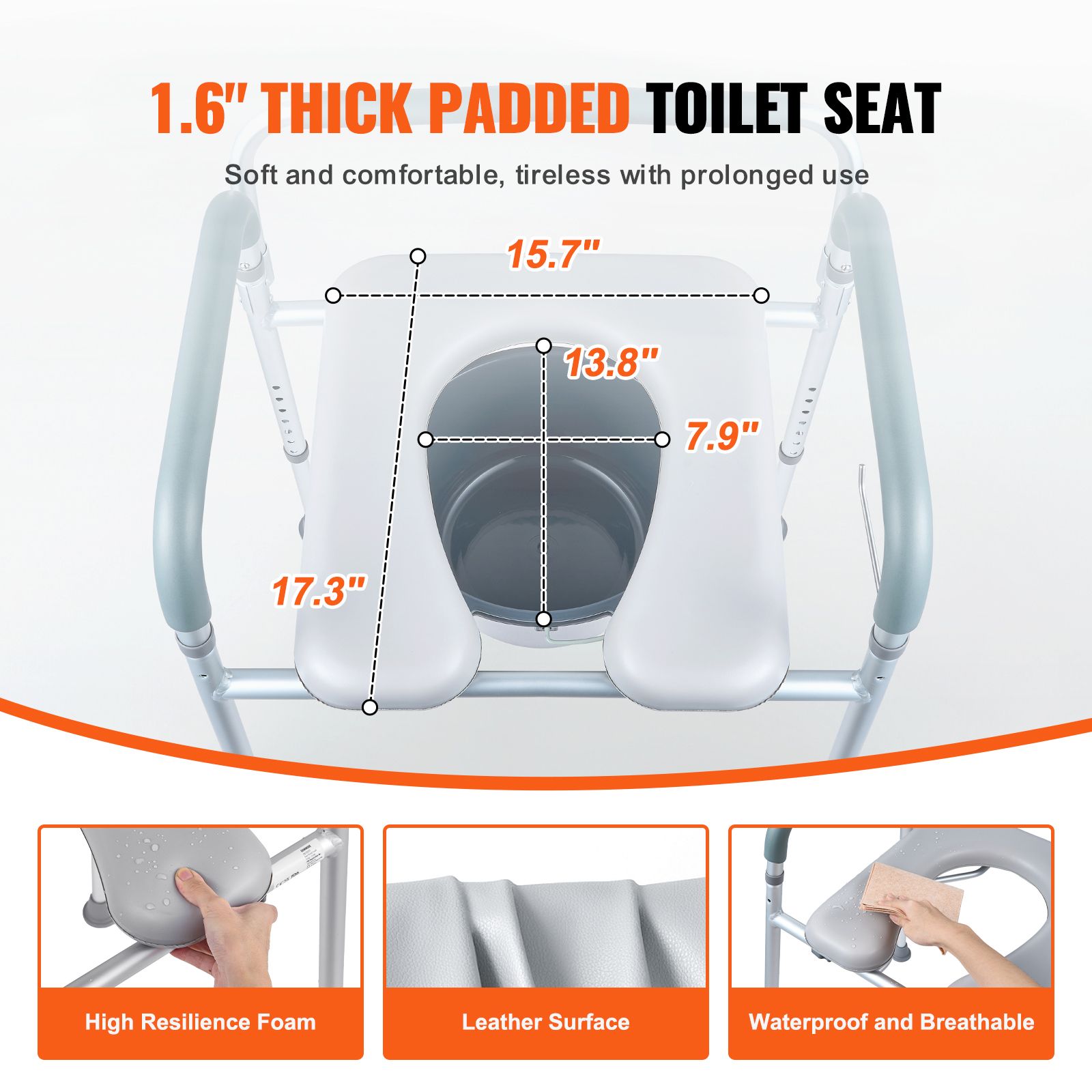 Commode Chair, Bedside Commode with Padded Seat and Arms, 7-Level Adjustable Height, 5.8L Removable Bucket, Easy to Assemble, 350 LBS Capacity, Raised Toilet — image 5