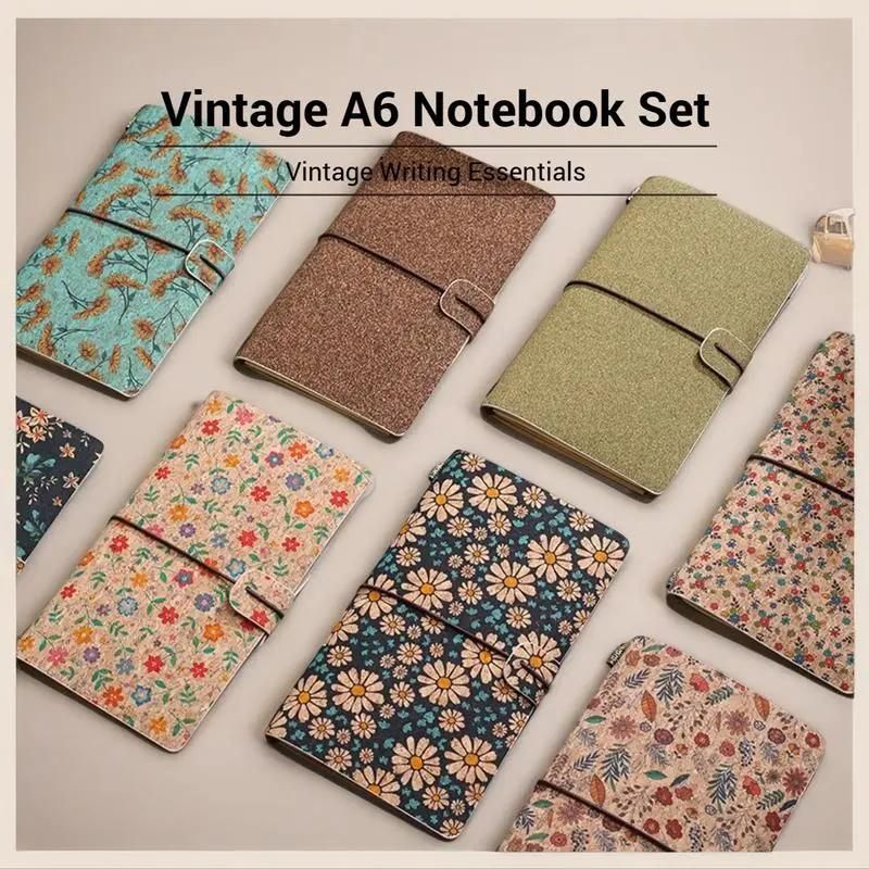 Shiny Green Retro A6 Travelers Leather Notebook & Wooden Pen Gift Box - Floral Botanical Loose-Leaf Journal with Bronze Charm, Kraft Paper and Lined Paper โ image 2