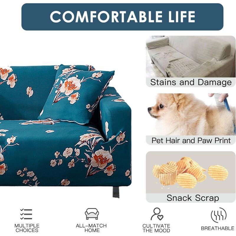 3 Seater Stretch Sofa Cover with Armrests Elastic Furniture Protector Blue Flower — image 3