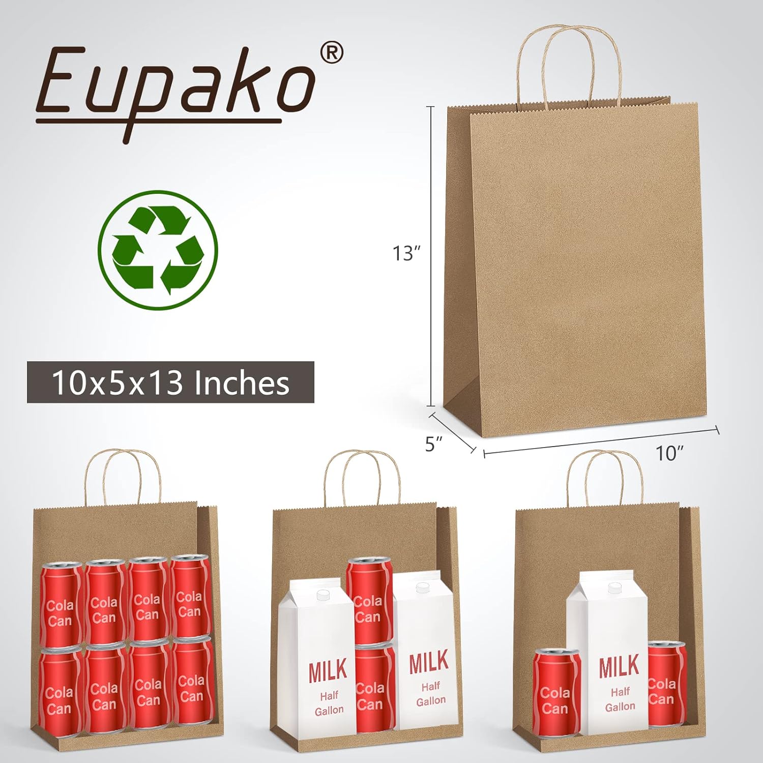 Eupako Kraft Shopping Bags 10x5x13 - 100 PCS Brown Paper With Handles, Gift Bulk, Party Favor, Merchandise, Retail — image 4