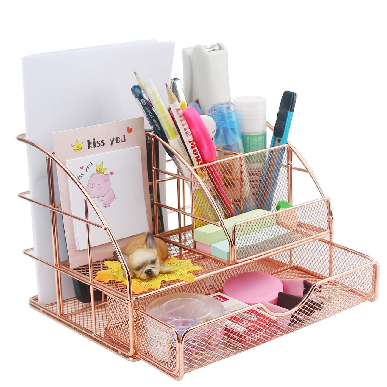 Cute Mesh Office Supplies Accessories Essentials Caddy with Drawer for Home & Office Desktop Organization — image 5