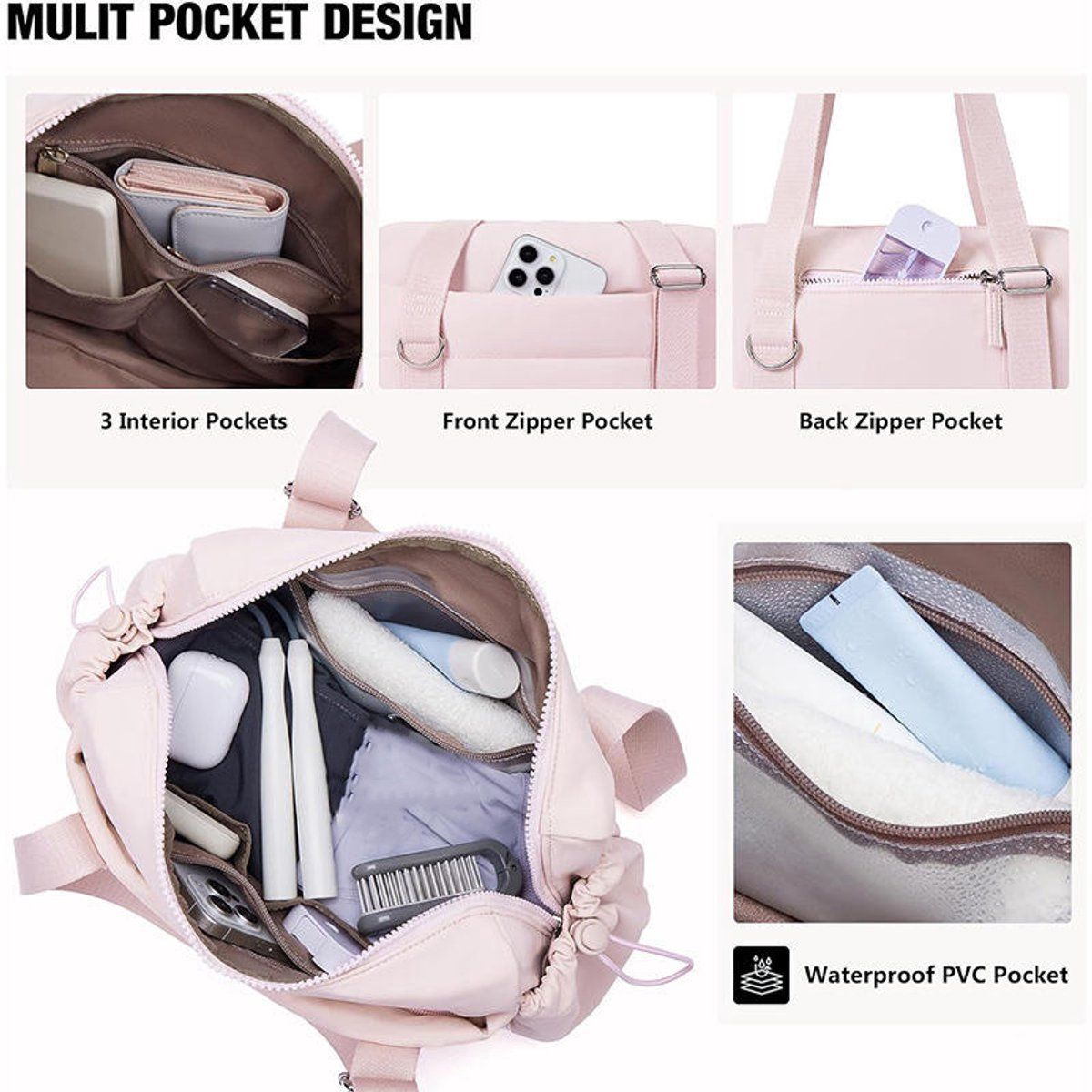 2 Pieces Womens Sports Bag Set with Detachable Pouch and Wet Dry Compartment, Compact Weekend Travel Bag, Pink, 29.7 x 10.7 x 20.3 cm โ image 5