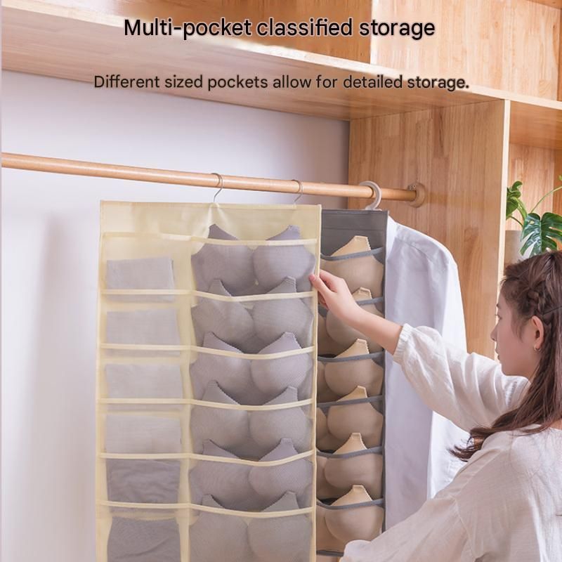 Beige Double-Sided Hanging Underwear Organizer（6 pockets on the front + 6 pockets on the back） - Breathable Non-Woven Mesh Storage Bag with Multiple — image 2