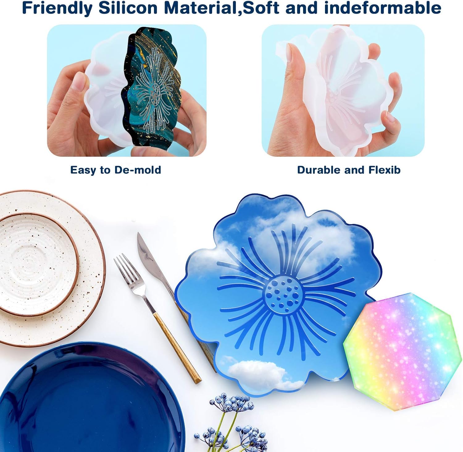 8 Pieces Coaster Silicone Resin Molds Set Include 4 Flower Coaster Resin Flower Silicone Tray and 4 Octagon Epoxy Casting Mold for DIY Artwork, and Home Decor — image 2