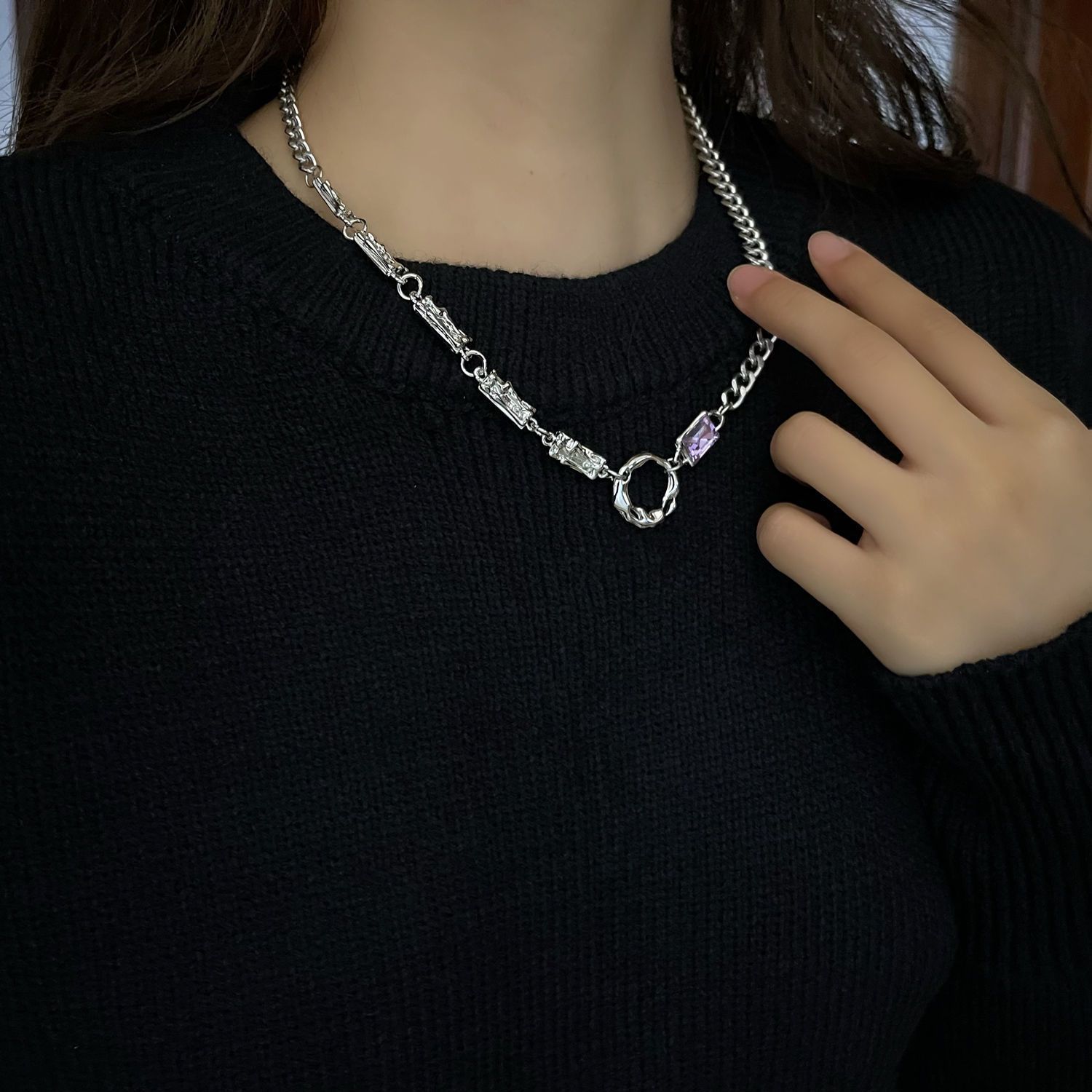 Simple Purple Diamond Circle Necklace Women'S Niche Light Luxury Ins Hip Hop Sweet Cool Design Sense Cold Wind Clavicle Chain โ image 5