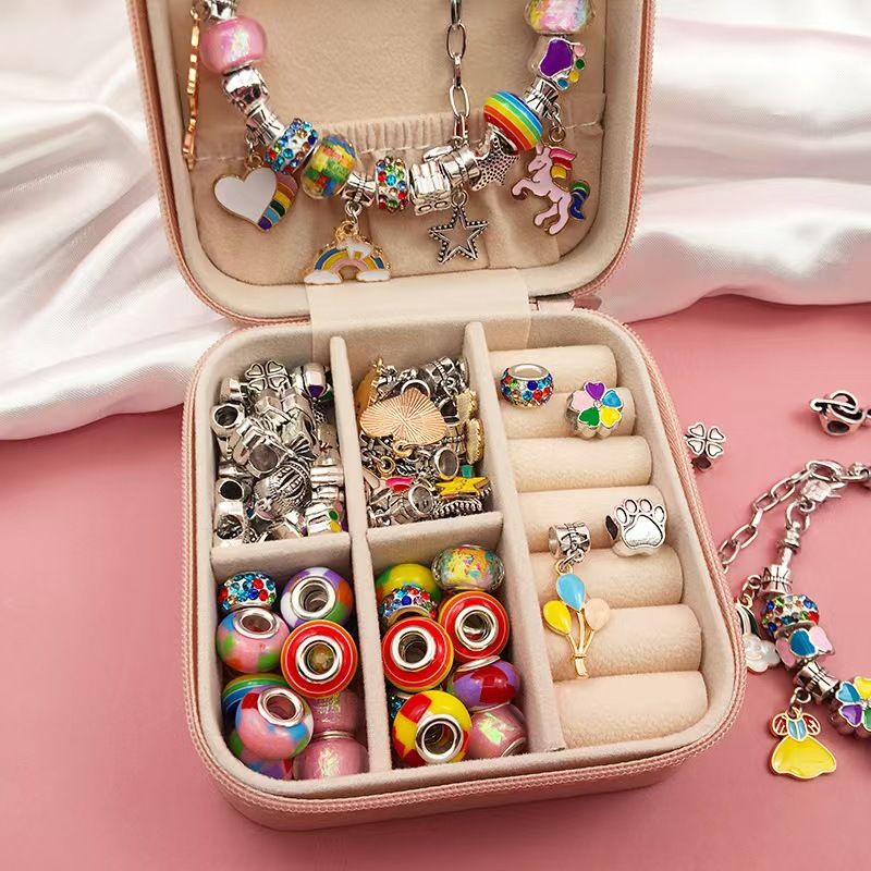 Pink Kids DIY Bead Jewelry Making Kit - 68 Pcs Alloy & Plastic Charm Bracelet & Necklace Set with Storage Box, Creative Birthday Gift for Girls β image 2