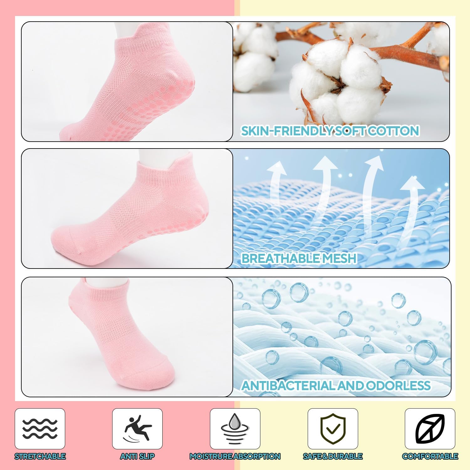 3 Pairs Pilates Grip Socks, Non Slip Yoga Socks for Women, Anti-Skid Grip Socks Breathable Cotton Socks for Yoga, Barre, Dance, Barefoot, Workout, Pregnant — image 4