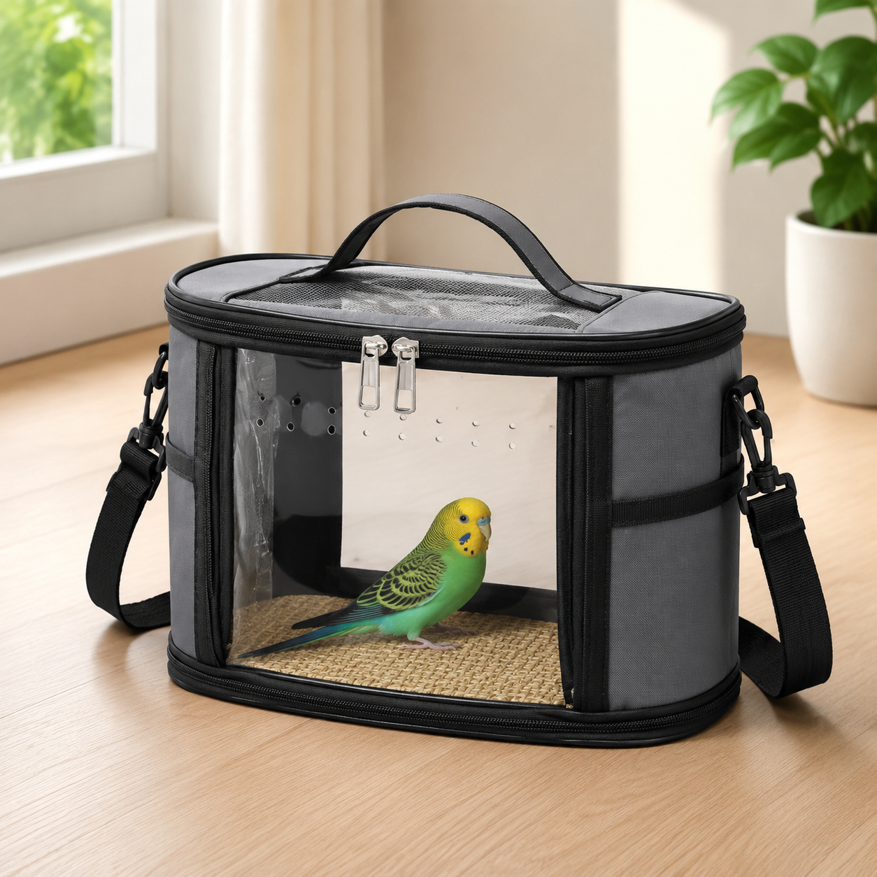 Small Animal Travel Carrier Bag - Grey Small Nylon and Plastic Portable Pet Carrier with Shoulder Strap and Carry Handle for Parrots, Hamsters, Guinea Pigs and — image 3