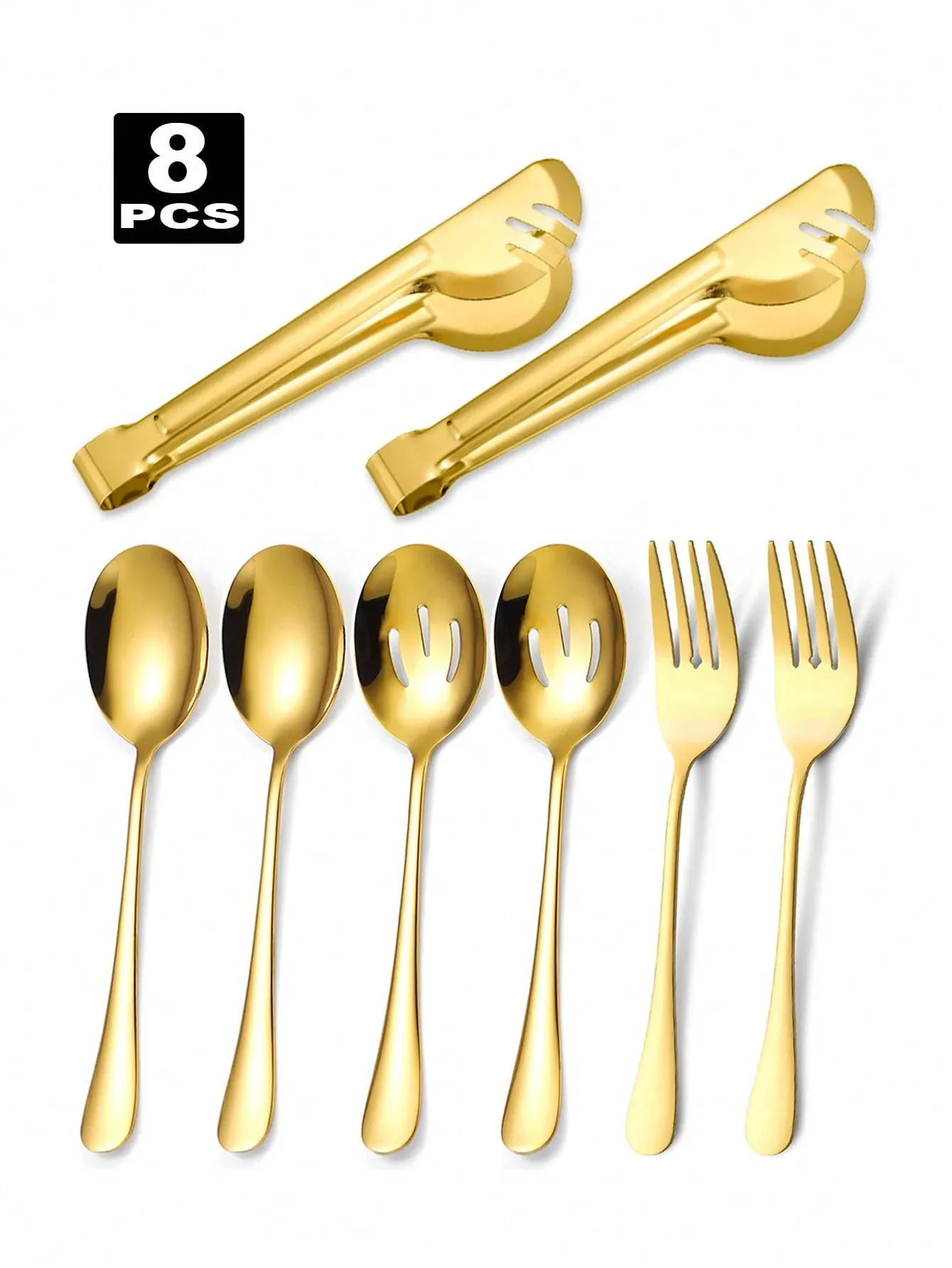 8Pcs Stainless Steel Serving Utensil Set, Spoon Colander Fork Food Tong For Home Restaurant Buffet — image 2