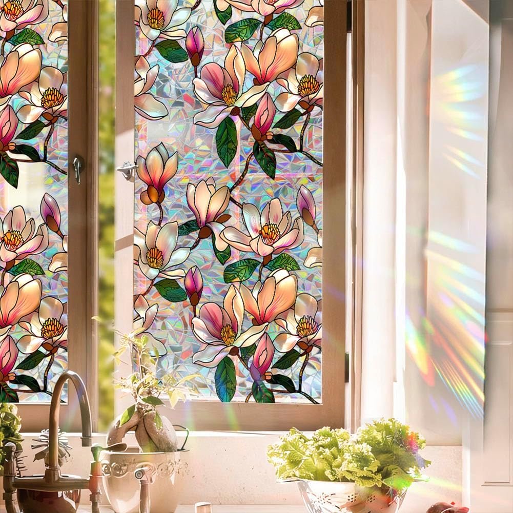 Retro Magnolia Flowers Window Privacy Film,Stained Glass Decals Colorful Floral Privacy Rainbow Decals Living Room Sun Blocking Decor Removable Static Cling — image 5