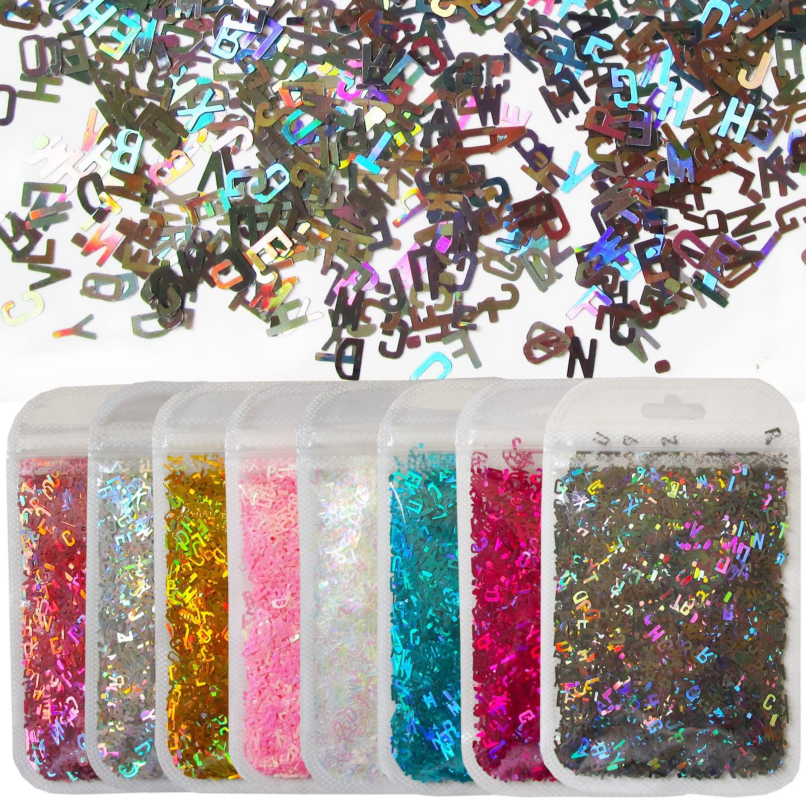 8 Colors Holographic Letter Chunky Glitter Flakes Number Shaped Confetti Sparkles Nail Sticker Manicure Decor