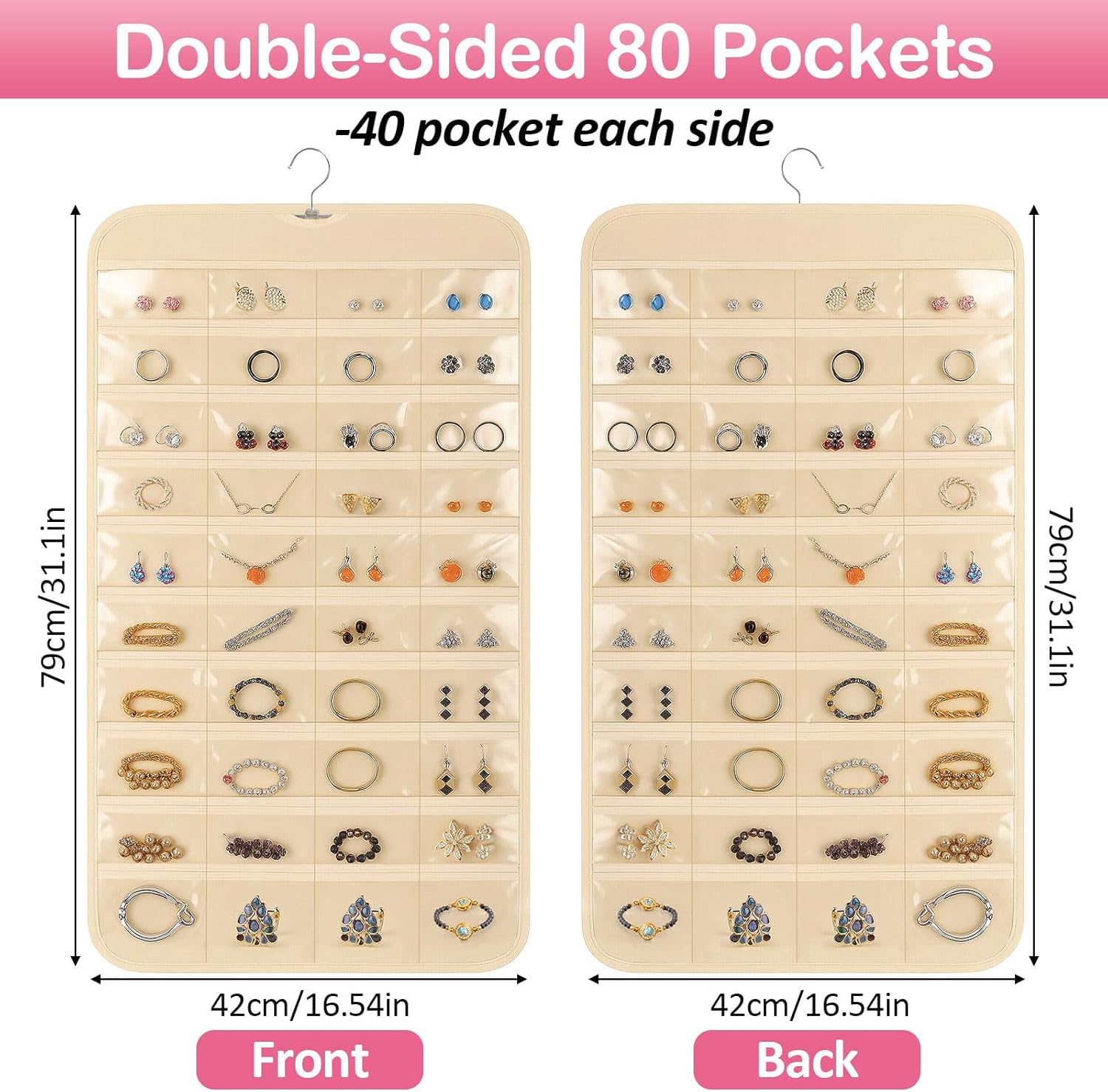 1 Pack Hanging Jewelry Organizer, 80 Clear Pockets earring organizer and storage, Accessories holder organizer for Closet, Jewelries, Necklace, Travel — image 2